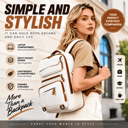 A woman wearing a cream-colored backpack with brown leather-like trim and straps, standing outdoors in front of a blurred building. The image includes promotional text highlighting the backpack's features, such as laptop compartment, multi-pocket design, lightweight comfort, and durability.