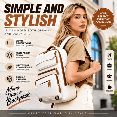 A woman wearing a cream-colored backpack with brown leather-like trim and straps, standing outdoors in front of a blurred building. The image includes promotional text highlighting the backpack's features, such as laptop compartment, multi-pocket design, lightweight comfort, and durability.