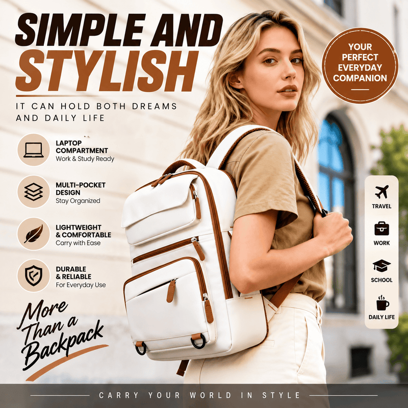 A cream-colored canvas backpack with brown leather-like trim, zippers, and padded shoulder straps, shown on a clean white background.