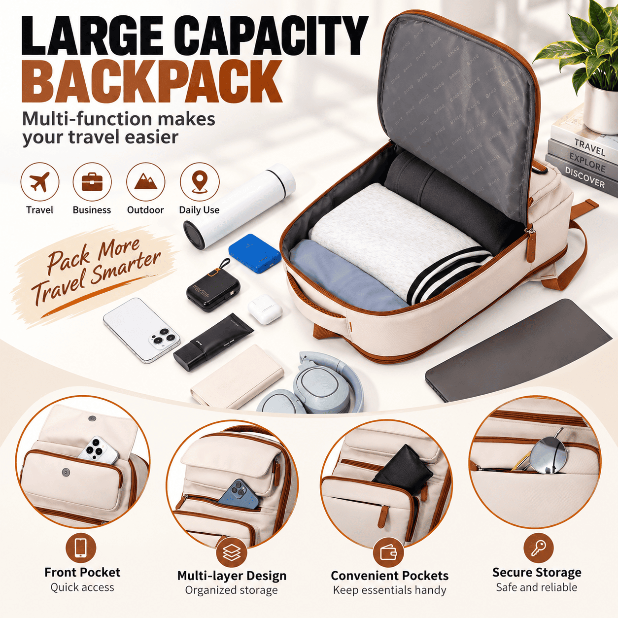 A large capacity backpack shown open with folded clothes inside, surrounded by travel accessories and feature callout icons. The backpack has a cream and brown color scheme with a gray interior.