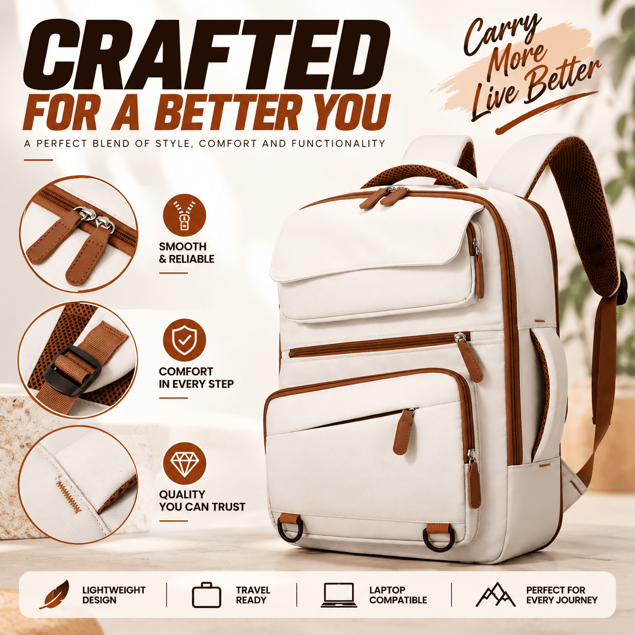 A white and brown backpack shown on a light beige background with promotional text and feature callouts. The backpack has multiple zippered compartments, padded shoulder straps, and brown leather-like trim.