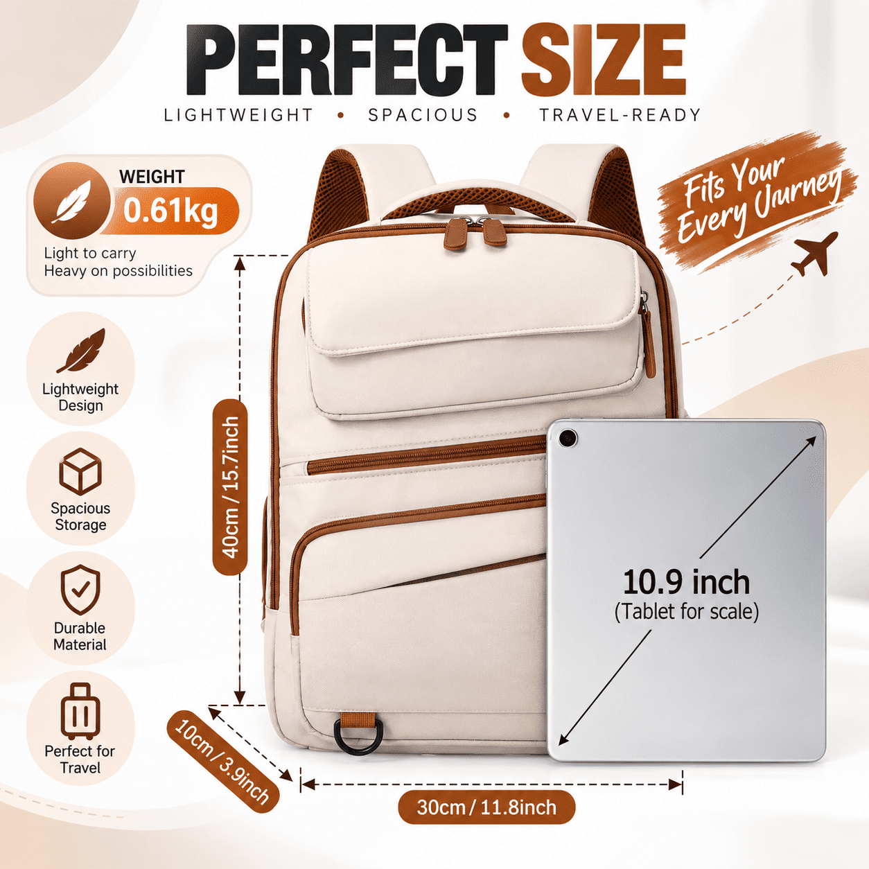 A cream-colored backpack with brown accents shown on a light beige background with dimension callouts, weight info, and a tablet scale reference. Text highlights features like lightweight design, spacious storage, and travel-ready size.