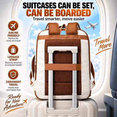 A brown and off-white backpack-style suitcase shown on an airplane seat with a pull handle, surrounded by marketing text and icons about airline-friendly travel, luggage strap, and convenient travel.