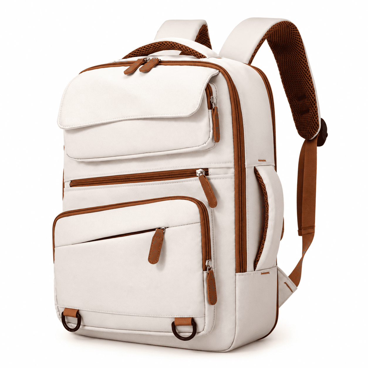 A cream-colored canvas backpack with brown leather-like trim, zippers, and padded shoulder straps, shown on a clean white background.