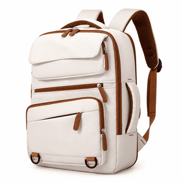 A cream-colored canvas backpack with brown leather-like trim, zippers, and padded shoulder straps, shown on a clean white background.