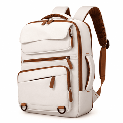 A cream-colored canvas backpack with brown leather-like trim, zippers, and padded shoulder straps, shown on a clean white background.