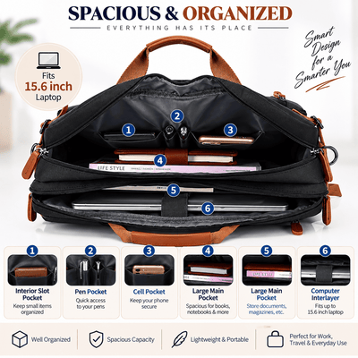 An open black laptop bag with brown leather handles and trim, shown on a white background with numbered callouts pointing to interior compartments. Large text at the top reads 'SPACIOUS & ORGANIZED' and includes a note that it fits a 15.