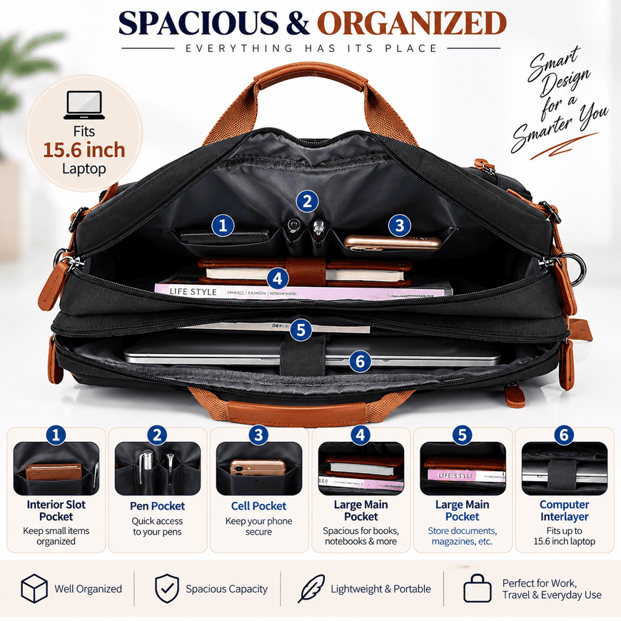 An open black laptop bag with brown leather handles and trim, shown on a white background with numbered callouts pointing to interior compartments. Large text at the top reads 'SPACIOUS & ORGANIZED' and includes a note that it fits a 15.