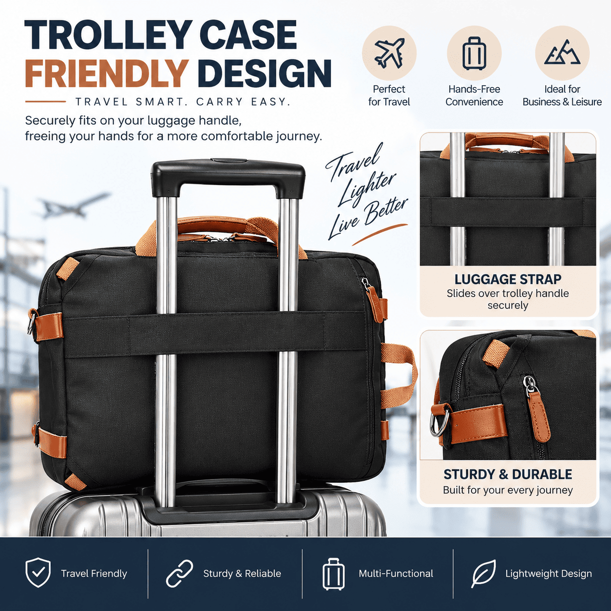 A black trolley case with brown leather accents and a silver telescoping handle, shown on a suitcase in an airport-style setting. The image includes feature callouts for luggage strap, luggauge strap, and durability, with text reading 'Trolley Case Friendly Design' and icons for travel convenience, business & leisure use, and lightweight design.