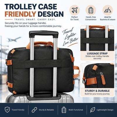 A black trolley case with brown leather accents and a silver telescoping handle, shown on a suitcase in an airport-style setting. The image includes feature callouts for luggage strap, luggauge strap, and durability, with text reading 'Trolley Case Friendly Design' and icons for travel convenience, business & leisure use, and lightweight design.