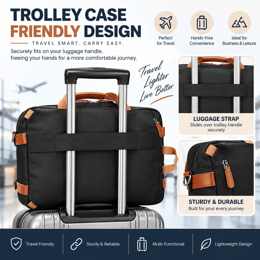A black trolley case with brown leather accents and a silver telescoping handle, shown on a suitcase in an airport-style setting. The image includes feature callouts for luggage strap, luggauge strap, and durability, with text reading 'Trolley Case Friendly Design' and icons for travel convenience, business & leisure use, and lightweight design.