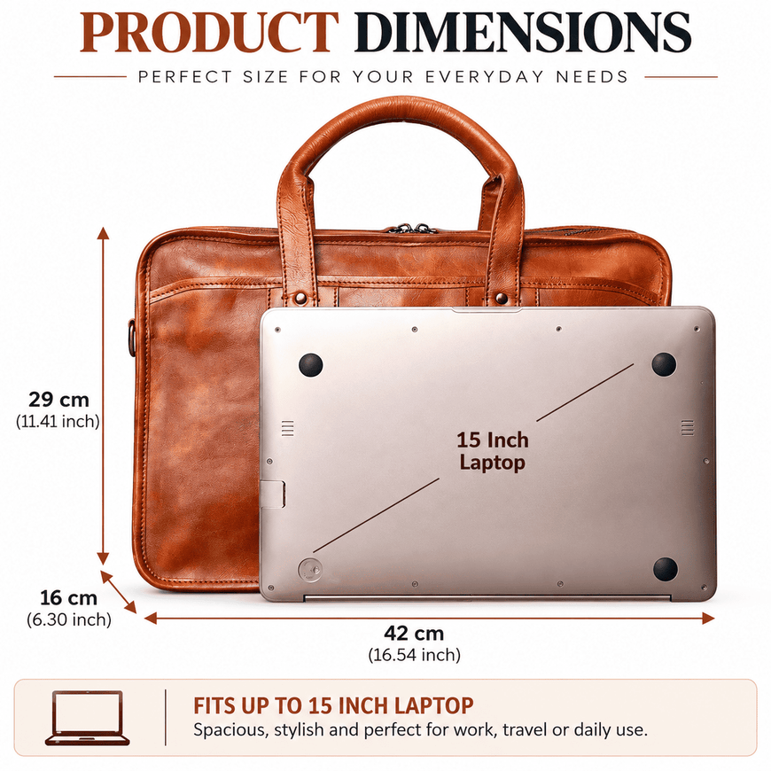 Product dimensions diagram showing a brown leather laptop briefcase with a silver laptop placed in front, labeled with measurements of 42 cm width, 29 cm height, and 16 cm depth, plus text stating it fits up to a 15 inch laptop.