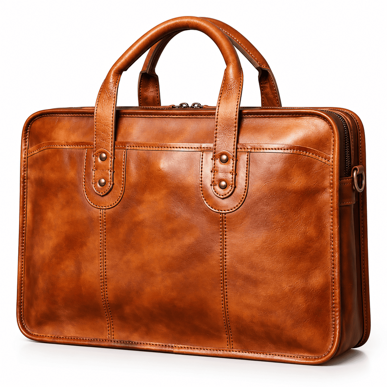 A brown leather briefcase with dual top handles, a front zippered pocket, and a main zippered compartment, shown on a clean white background.