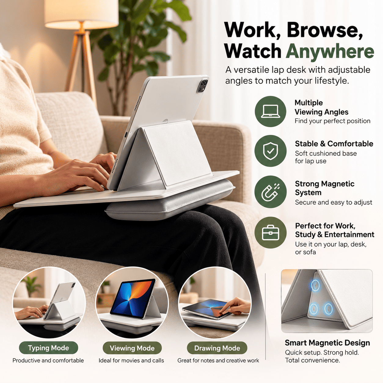 A tablet in a white folio case rests on a white lap desk stand worn across a person's lap in a softly lit indoor setting. The image includes marketing text and icons describing features such as multiple viewing angles, stable comfort, strong magnetic system, and smart magnetic design, with small circular usage-mode examples at the bottom.