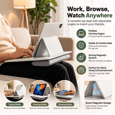 A tablet in a white folio case rests on a white lap desk stand worn across a person's lap in a softly lit indoor setting. The image includes marketing text and icons describing features such as multiple viewing angles, stable comfort, strong magnetic system, and smart magnetic design, with small circular usage-mode examples at the bottom.