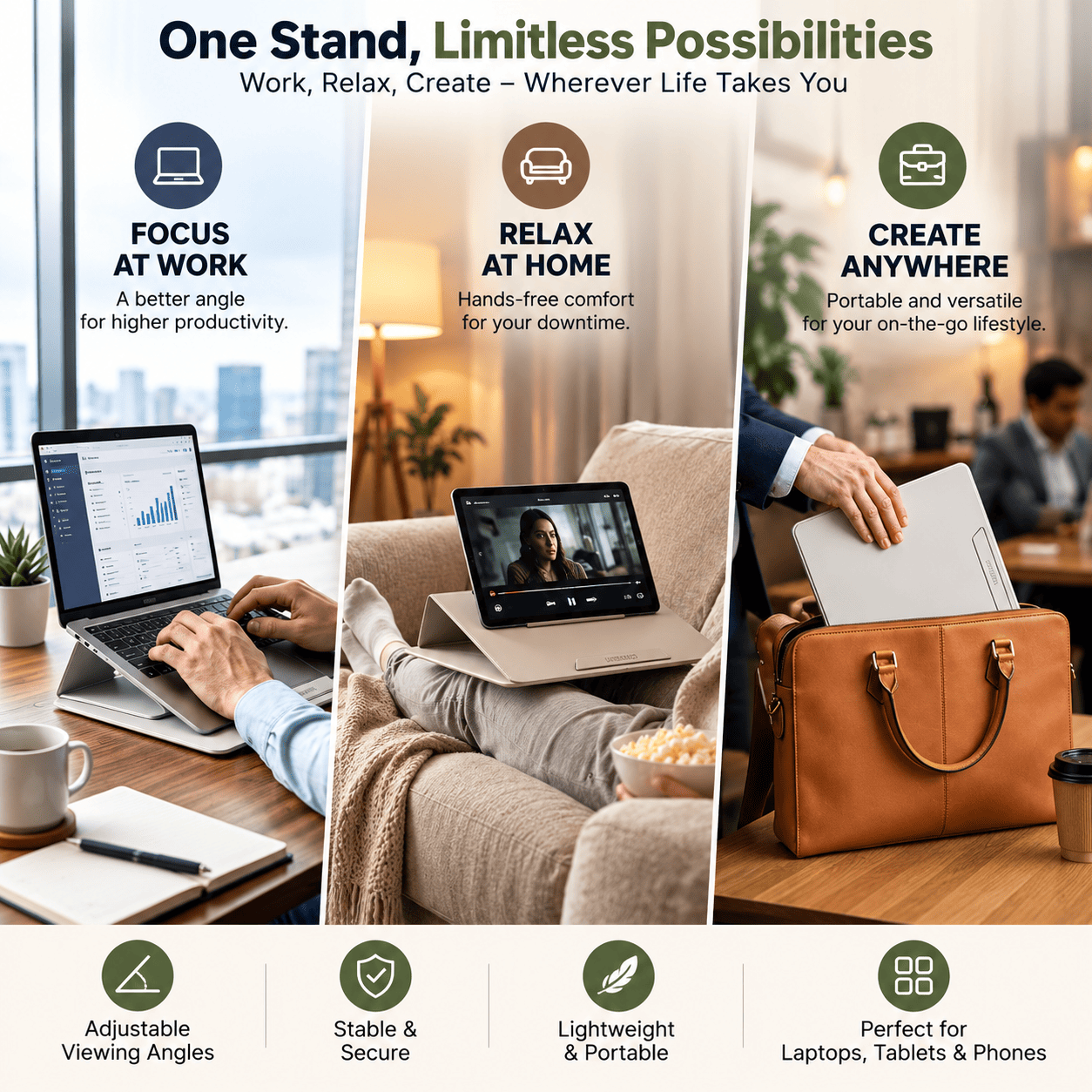 Promotional infographic for a portable laptop/tablet viewing stand, showing three lifestyle panels with people using the stand at work, relaxing on a couch, and carrying it in a bag. Text highlights features like focus at work, relax at home, create anywhere, adjustable viewing angles, stable and secure, lightweight and portable, and suitability for laptops, tablets, and phones.