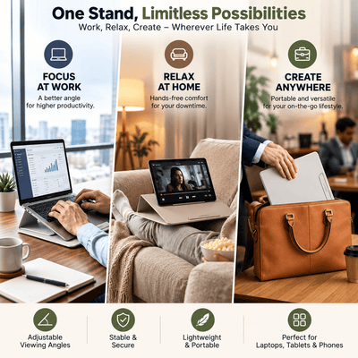 Promotional infographic for a portable laptop/tablet viewing stand, showing three lifestyle panels with people using the stand at work, relaxing on a couch, and carrying it in a bag. Text highlights features like focus at work, relax at home, create anywhere, adjustable viewing angles, stable and secure, lightweight and portable, and suitability for laptops, tablets, and phones.