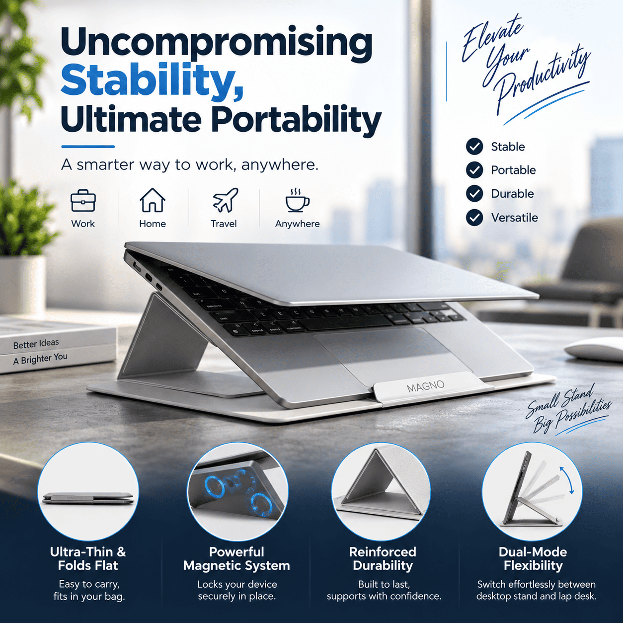 A silver MASHIO laptop stand holding an open silver laptop on a desk, with promotional text and feature callouts around it. The scene includes a blurred office background and circular inset feature images at the bottom showing ultra-thin design, magnetic locking, reinforced durability, and dual-mode flexibility.