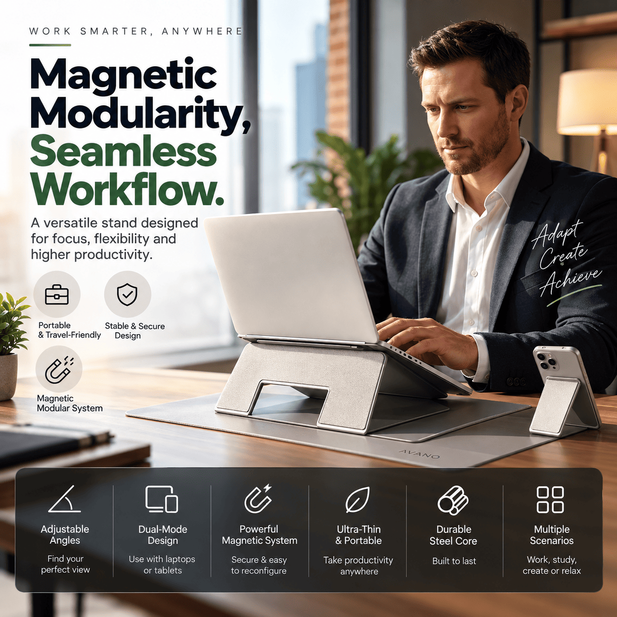 A man in a dark blazer sits at a desk using a silver magnetic laptop stand with a laptop and phone on it. The scene is a bright office with large text promoting magnetic modularity and seamless workflow, plus feature icons and a feature banner at the bottom.