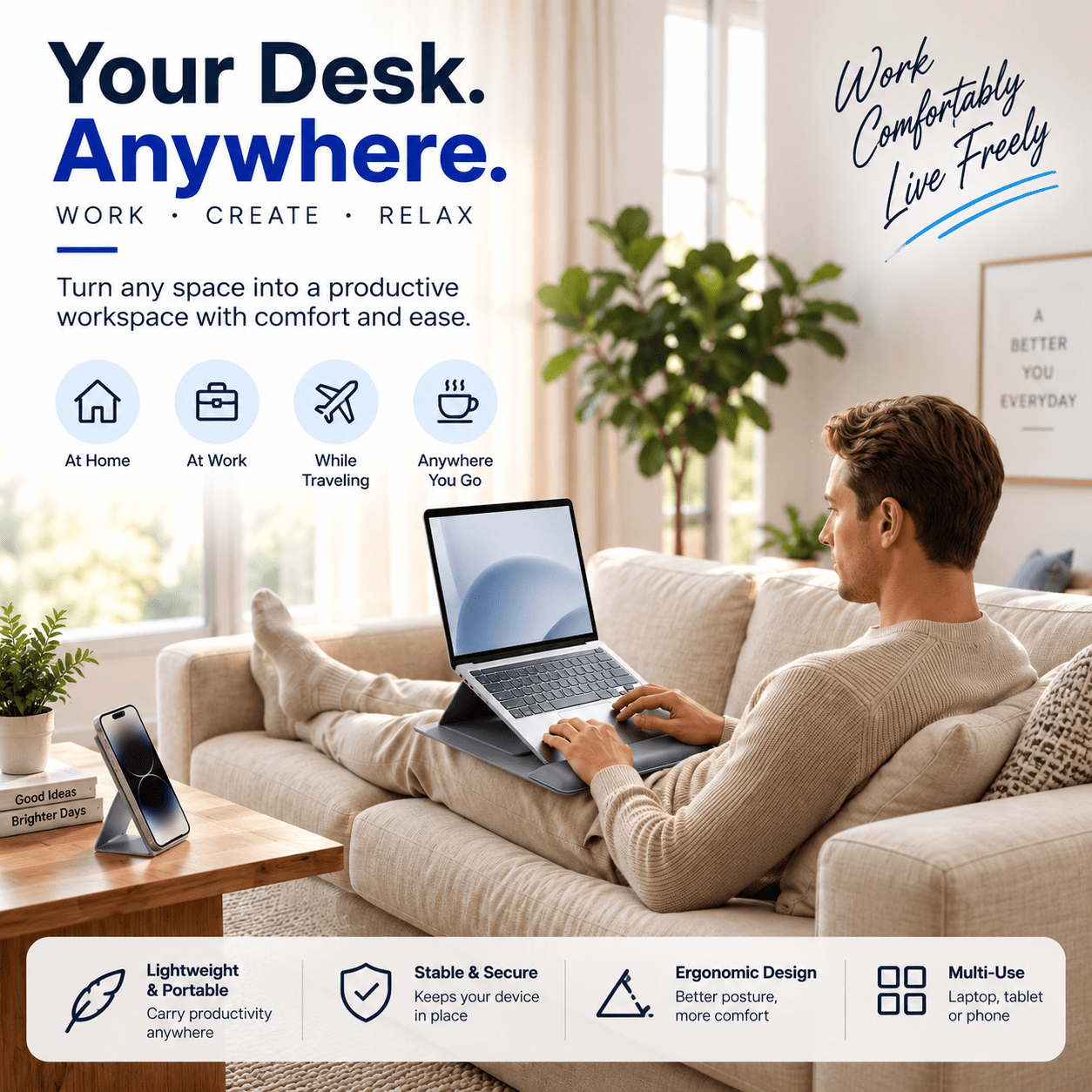 A man sits on a beige sofa in a bright living room using a slim black laptop placed on his lap. The scene includes promotional text about working anywhere, icons for use scenarios, and feature callouts for the laptop.