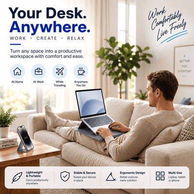 A man sits on a beige sofa in a bright living room using a slim black laptop placed on his lap. The scene includes promotional text about working anywhere, icons for use scenarios, and feature callouts for the laptop.