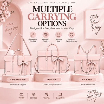 A promotional graphic for a pink handbag collection showing three bag styles: shoulder bag, handbag, and backpack, each displayed on a pedestal with text labels. The background is a soft pink with decorative floral elements and text highlighting multiple carrying options and use cases.