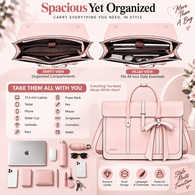 A pink structured tote bag with a large bow on the front, shown in a styled infographic layout with labeled views: empty view, filled view, and contents included. The image includes accessories such as a laptop, tablet, phone, water cup, umbrella, keys, power bank, pen, mouse, sunglasses, and cosmetics, plus feature icons.