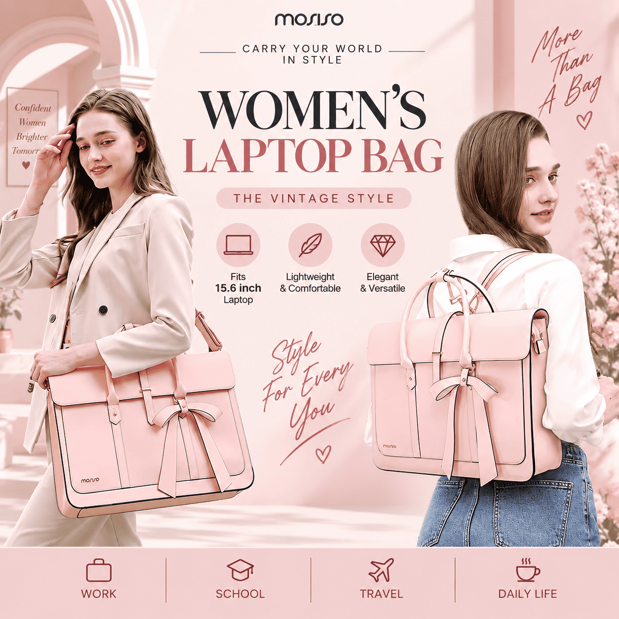 A promotional graphic for a Masso women's laptop bag in a light pink vintage style, featuring two models wearing the bag (one carrying it on the shoulder, the other wearing it on the back) against a soft pink background with text and feature icons.