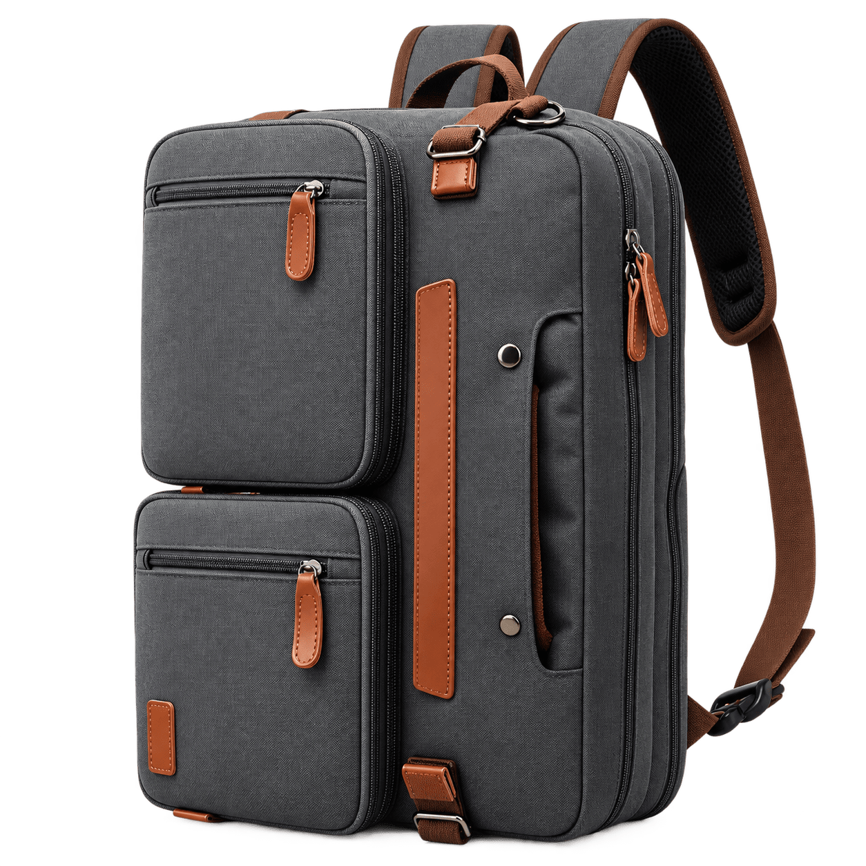 A dark gray canvas laptop backpack with brown leather accents, shown on a clean white background. The backpack features two front zippered compartments, a main zippered compartment, a vertical brown leather accent strip, and adjustable brown shoulder straps.