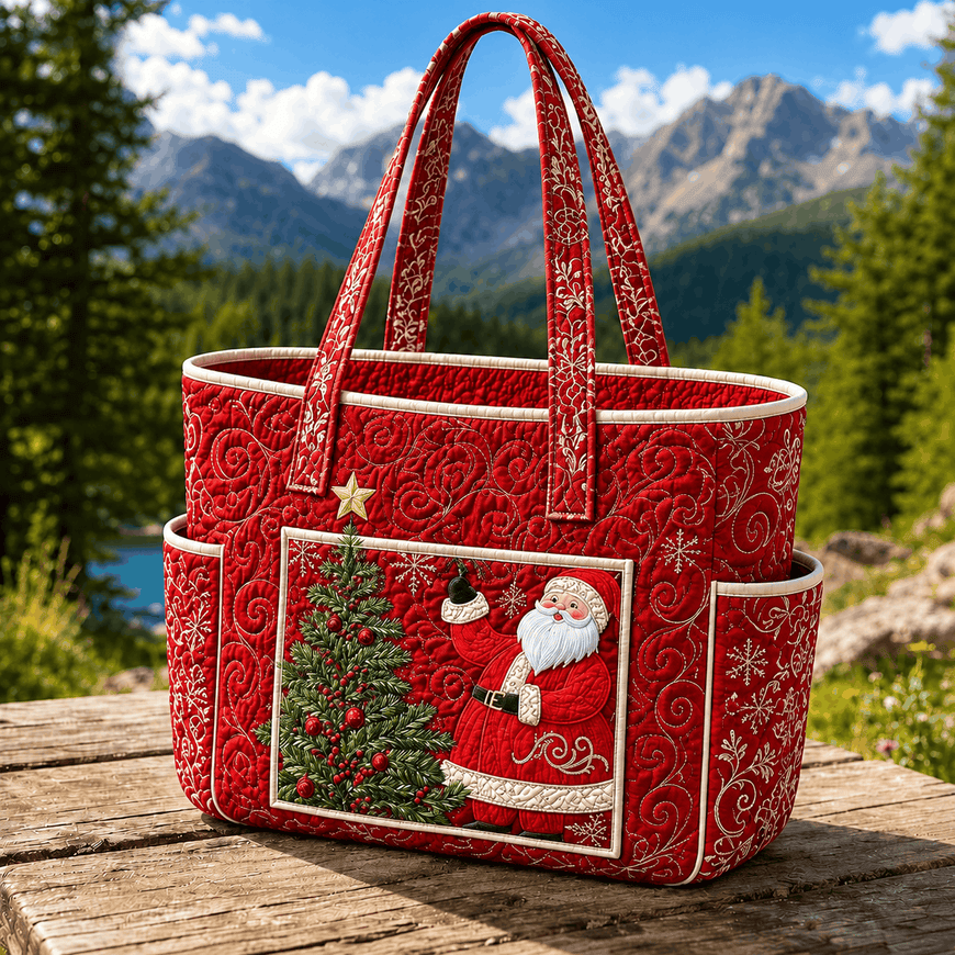 Christmas Santa Quilted Tote Bag – Multi-Pocket Shoulder Handbag