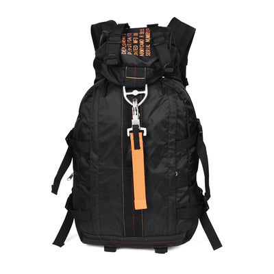 Black backpack with orange accents on a white background