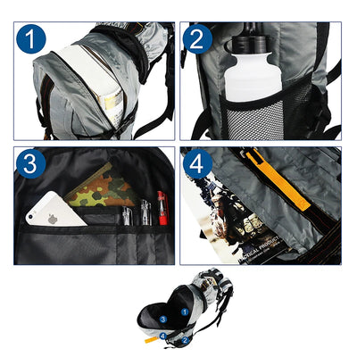 Collage of a backpack with various compartments and items inside.