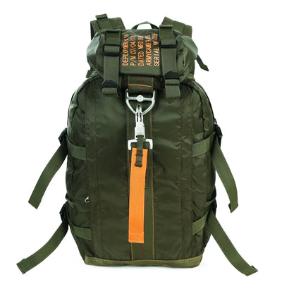 Green backpack with orange accents on a white background
