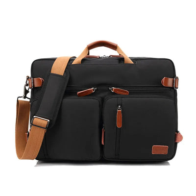 Black nylon laptop briefcase with tan leather-look handles, zipper pulls, and shoulder strap, shown on a white background with '15inch' and 'Material: NYLON' text overlays.