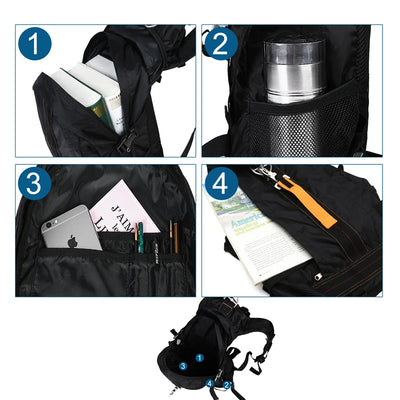 Black backpack with various compartments and items displayed in a collage.