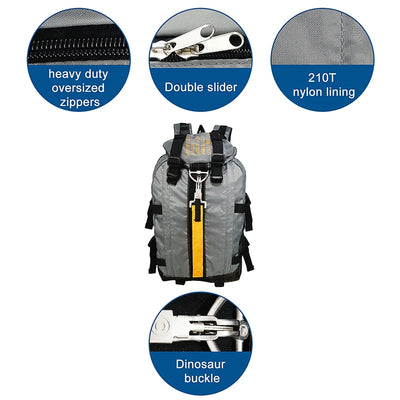 Gray backpack with features highlighted, including oversized zippers, double slider, 210T nylon lining, and dinosaur buckle.