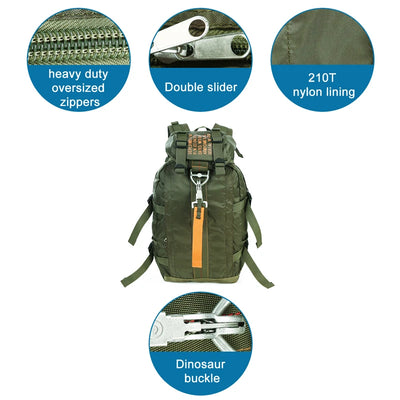 Green backpack with features highlighted on a white background