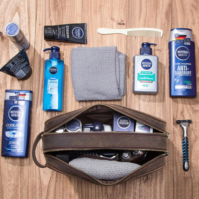 Genuine Leather Toiletry Bag for Men – Vintage Travel Cosmetic Organizer
