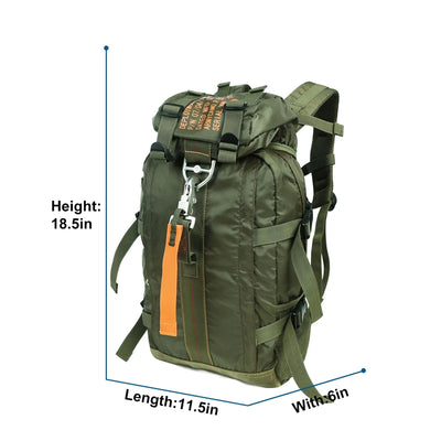 Green backpack with measurement details on a white background