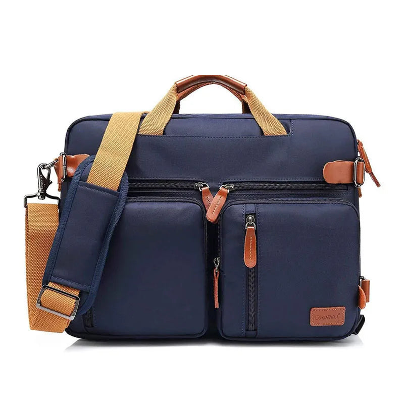 A navy blue nylon laptop bag with tan webbing handles and shoulder strap, featuring multiple zippered pockets. The image includes text overlays reading '15inch' and 'Material: NYLON' on a plain white background.