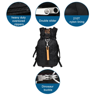 Black backpack with features highlighted, including oversized zippers, double slider, 210T nylon lining, and dinosaur buckle.