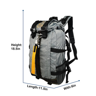 Gray backpack with black straps and a yellow zipper, shown with measurements on a white background.