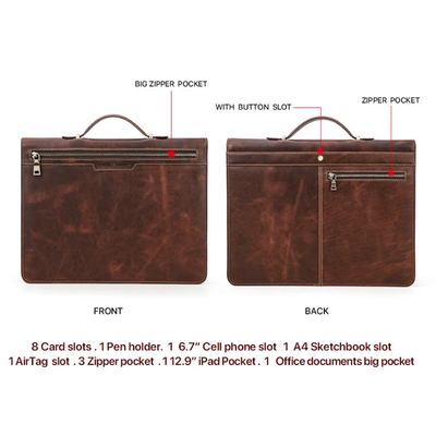 A brown leather briefcase shown from the front and back on a white background, with labeled callouts pointing to the front zip pocket, back zip pocket, pen slot, card slots, cell phone slot, sketchbook slot, airTag slot, and office documents pocket. Red text at the bottom lists included compartments and capacities.