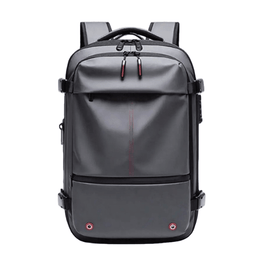 A dark gray backpack with black straps and trim, featuring a vertical red stitched line on the front pocket and small red accents near the bottom corners, shown against a plain white background.