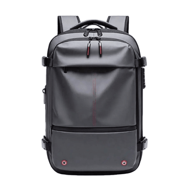 A dark gray backpack with black straps and trim, featuring a vertical red stitched line on the front pocket and small red accents near the bottom corners, shown against a plain white background.