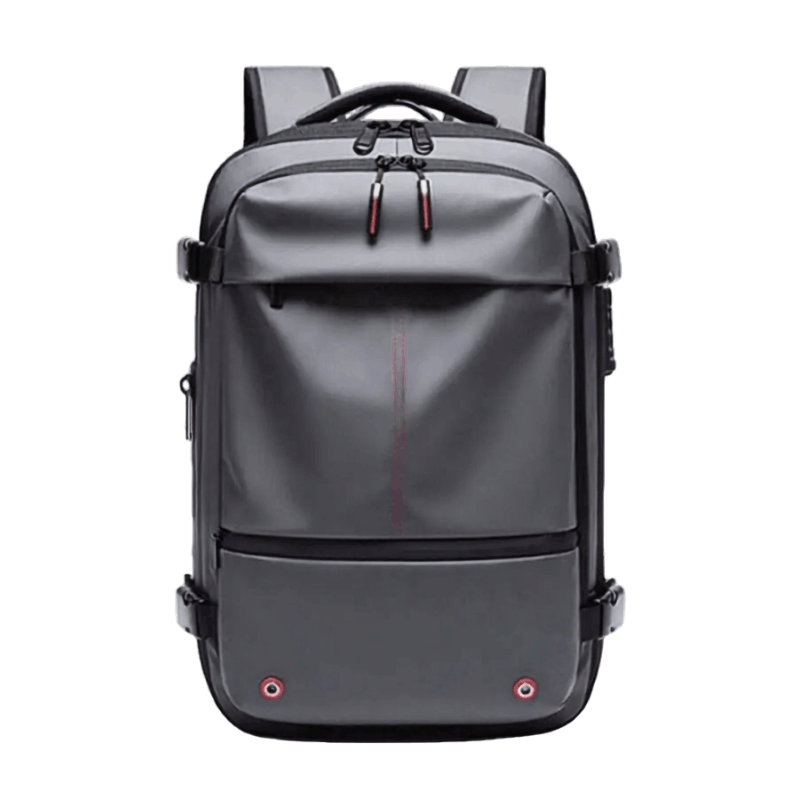 A navy blue laptop backpack with black zippers, straps, and trim, featuring a vertical red stitched accent on the front pocket, shown against a plain white background.