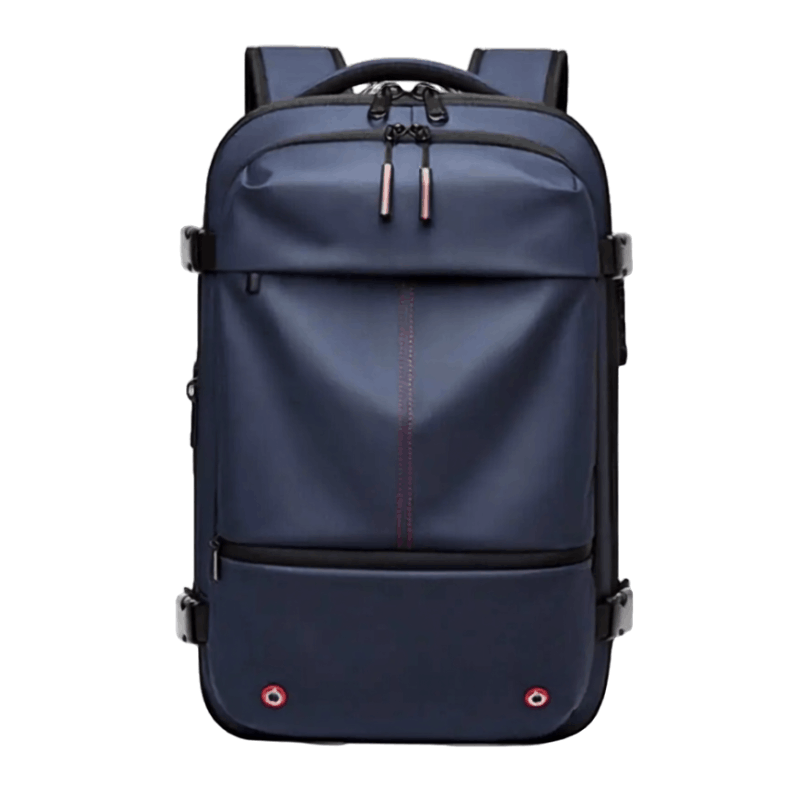 A navy blue laptop backpack with black zippers, straps, and trim, featuring a vertical red stitched accent on the front pocket, shown against a plain white background.