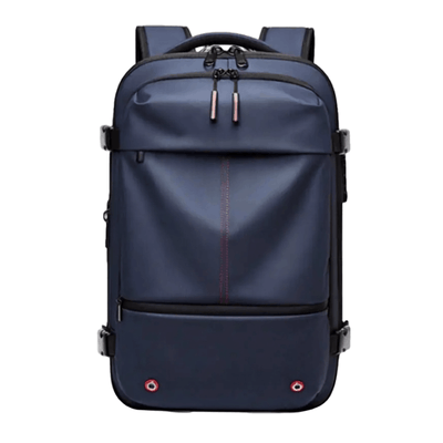 A navy blue laptop backpack with black zippers, straps, and trim, featuring a vertical red stitched accent on the front pocket, shown against a plain white background.