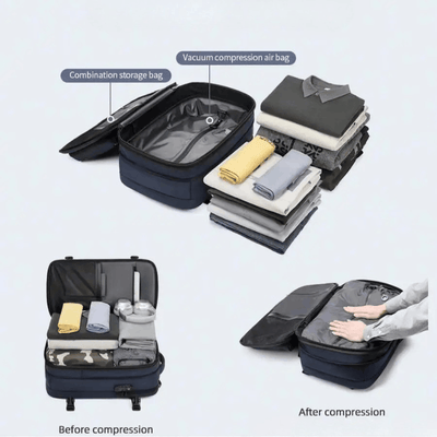 A travel compression suitcase shown in three explanatory views on a light gray background: one open view with callout labels for the combination storage bag and vacuum compression air bag, one before-compression view with folded clothes inside, and one after-compression view showing the suitcase closed and hands pressing the interior.