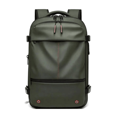 An olive green backpack with black straps and trim, featuring a vertical red stitching detail on the front pocket, shown against a plain white background.